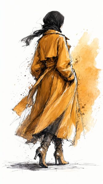 Wind-Driven Modest Walk A woman wearing a yellow trench coat and black hijab walks away, her scarf and coat flowing in the wind against a warm-toned watercolor background.