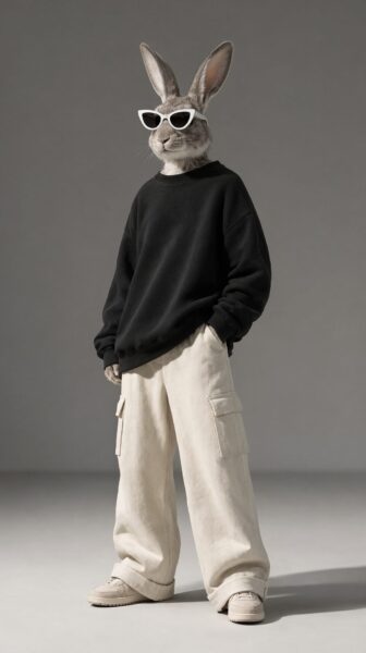Stylish Rabbit In Oversized Outfit Stylish rabbit wearing oversized black sweatshirt and cream cargo pants, posing in studio with white sunglasses.