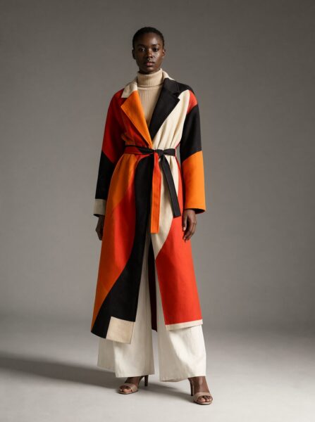 Bold Geometric Coat Studio Portrait Model wears bold red-orange-black-and-white geometric wrap coat with belt, over cream turtleneck and wide-leg pants, standing against neutral studio backdrop.