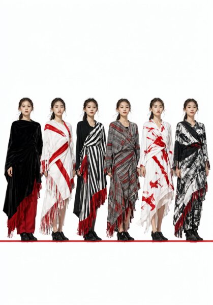 Six Models In Asymmetric Layered Garments Six female models pose in avant-garde layered dresses featuring black, white, red, and grey patterns with fringe detailing against a white backdrop.