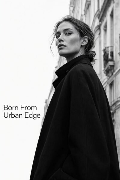 Parisian Street Style Monochrome A woman in a black coat stands on a parisian street, captured in monochrome with an urban edge aesthetic.