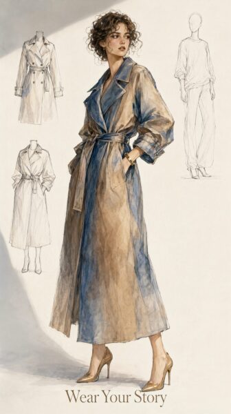 Watercolor Trench Coat Illustration A woman wears a watercolor-effect trench coat in beige and blue tones, standing against a backdrop of fashion sketches.