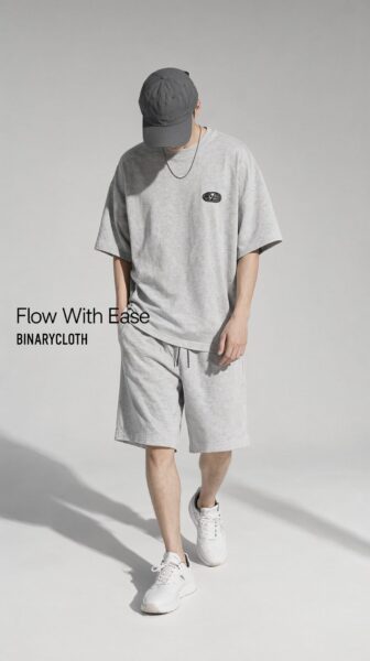 Relaxed Urban Athleisure Set A man wearing a gray oversized t-shirt and shorts, walking indoors under bright lighting, with the text 'flow with ease' and 'binarycloth'.