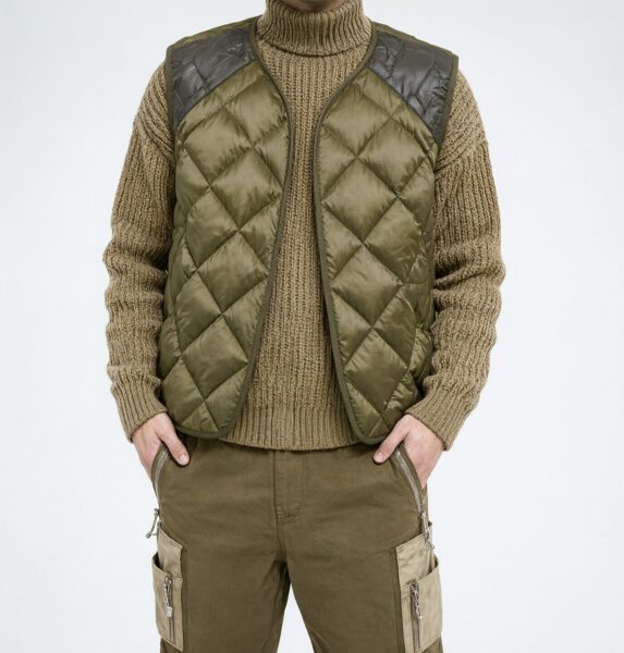 Olive Vest Over Ribbed Sweater Man wearing olive quilted vest over ribbed turtleneck sweater, paired with khaki cargo pants against plain background.