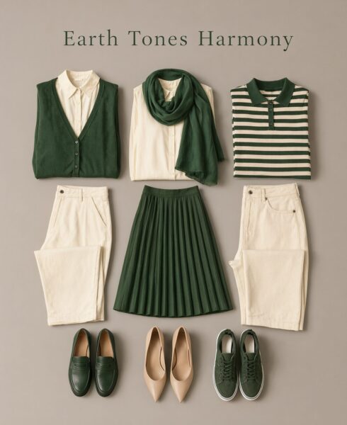 Forest Green &Amp;Amp; Soft Beige Ensemble Flat-lay fashion spread featuring forest green and soft beige outfits including cardigans, skirts, pants, and shoes.
