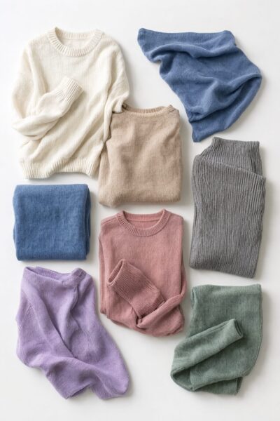 Soft Neutrals &Amp;Amp; Muted Pastels Knit Collection A flat-lay collection of eight soft knit sweaters in muted pastel shades arranged on a white background.