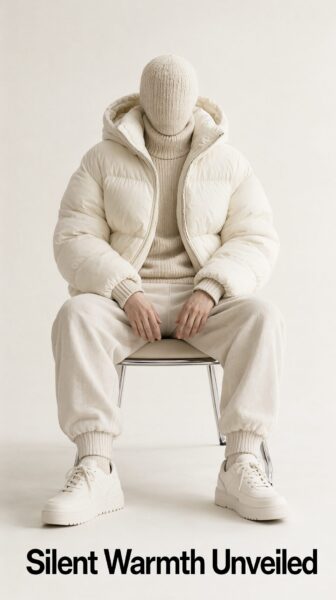 Cream Monochrome Winter Ensemble A faceless person sits on a chair wearing cream-colored winter attire including a puffer jacket, turtleneck sweater, joggers, and sneakers.
