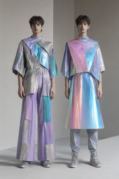 Iridescent Layered Couture Duo Two male models wear avant-garde, iridescent layered outfits featuring metallic blues, purples, and pinks in a minimalist studio setting.