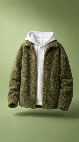 Olive Fleece Jacket Over White Hoodie Olive green fuzzy fleece jacket worn over a white hoodie, floating against a light green gradient background.