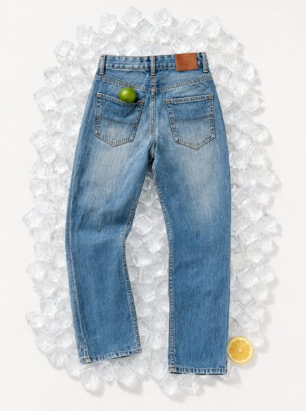 Cool Denim In Ice Cubes Light-wash straight-leg denim jeans laid flat among clear ice cubes, featuring a green lime in the back pocket and a yellow lemon slice nearby.