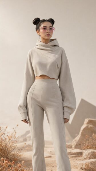 Minimalist Futuristic Desert Ensemble A woman wears a beige high-neck cropped hoodie and matching high-waisted pants in a desert landscape under soft lighting.
