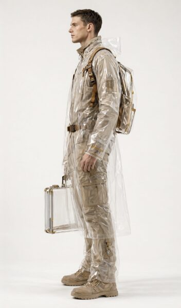 Transparent Future Explorer A male model stands in profile wearing a transparent raincoat over beige tactical gear, carrying a clear briefcase and backpack against a white background.
