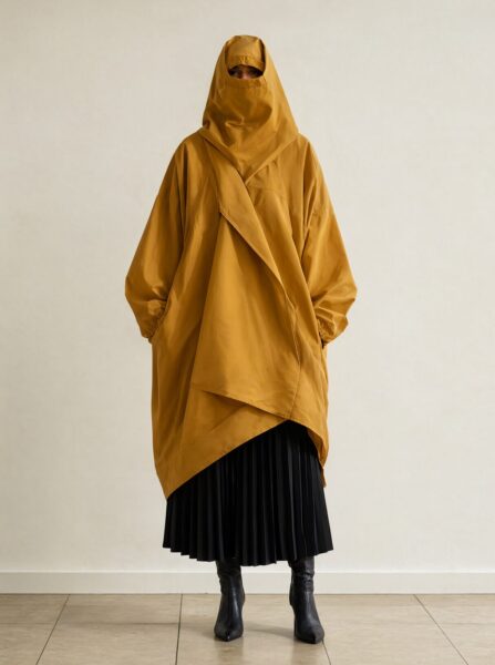 Ochre Draped Hooded Outerwear Model wears ochre draped hooded coat over black pleated skirt and boots against neutral studio backdrop.