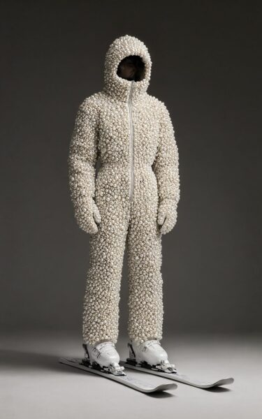 Pearl-Coated Snowboarder In Studio A person stands full-length in a white pearl-coated ski suit with hood, boots, and skis, set against a neutral studio backdrop.