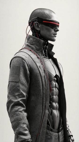 Cybernetic Man In Monochrome Jacket Cybernetic man in monochrome textured jacket with red cable accents, standing in minimalist studio setting.