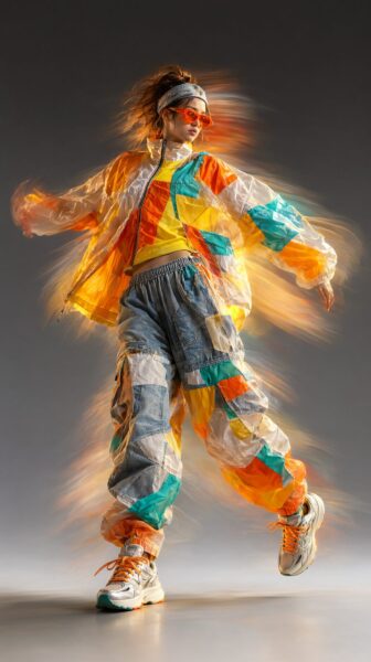 Dynamic Street Style Dancer In Motion A dancer in motion wearing a colorful patchwork jacket and cargo pants, glowing with orange and yellow light trails against a gray studio backdrop.