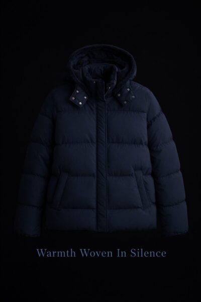 Navy Puffer Jacket Against Black Navy puffer jacket with hood and silver snaps, displayed against a black background.