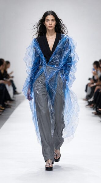 Model Walks Runway In Layered Plastic Ensemble Model walks runway wearing layered blue plastic coat over black top and gray wide-leg pants.