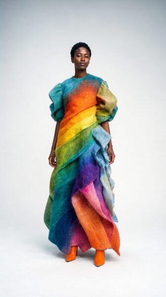 Voluminous Rainbow Sculpture Dress A model wears a vibrant, sculptural rainbow dress with voluminous puffed sleeves and cascading layered fabric, standing against a plain white background.