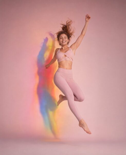 Joyful Athletic Leap Against Pastel Glow A woman leaps joyfully mid-air in pink athletic wear against a soft pink backdrop with vibrant rainbow-colored shadows.