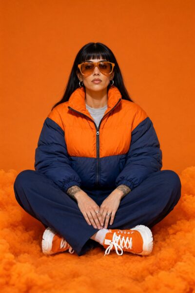 Orange Puffer Jacket Studio Portrait A woman sits cross-legged on orange smoke wearing an orange and navy puffer jacket, wide-leg pants, and chunky sneakers against an orange backdrop.