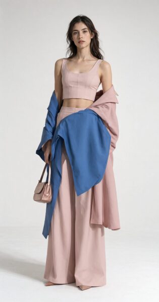 Asymmetrical Color Block Couture A woman stands in a studio wearing a pink crop top, wide-leg pants, and an oversized blue and pink draped jacket, holding a rose gold handbag.