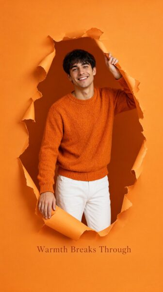 Man Peering Through Orange Tear A smiling man peeks through a torn orange paper hole wearing an orange sweater and white pants.