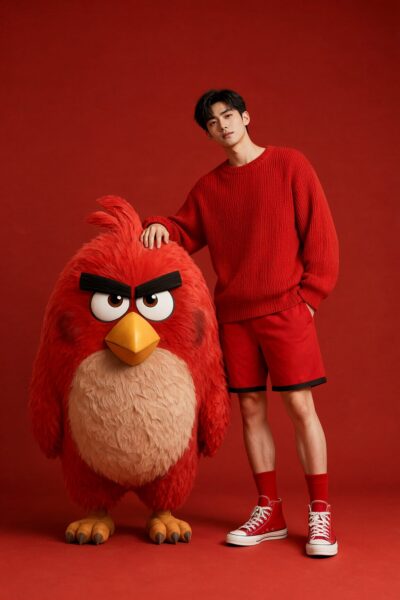 Red Bird And Model In Unified Red A young man in red sweater and shorts stands beside a large red angry birds character against a solid red studio background.
