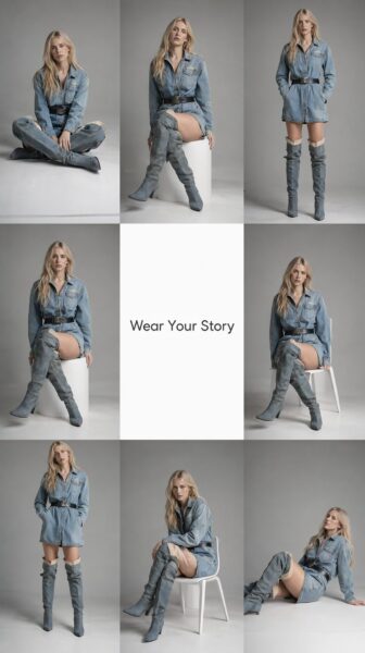 Denim Ensemble Studio Session A blonde woman models a denim ensemble with thigh-high boots in various studio poses, set against neutral backgrounds.