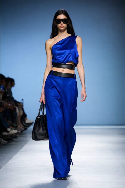 Model Striding Confidently In Bold Blue Ensemble A model walks confidently down a runway wearing a bold royal blue one-shoulder crop top and matching wide-leg trousers, accented by a black belt and carrying a black handbag under studio lighting.