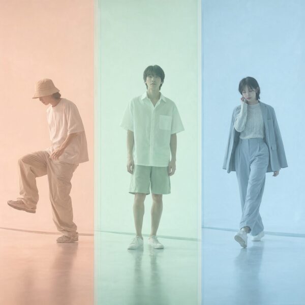 Three Figures In Pastel Panels Three people pose in separate pastel-colored panels, dressed in casual summer outfits including shirts, shorts, and jackets.