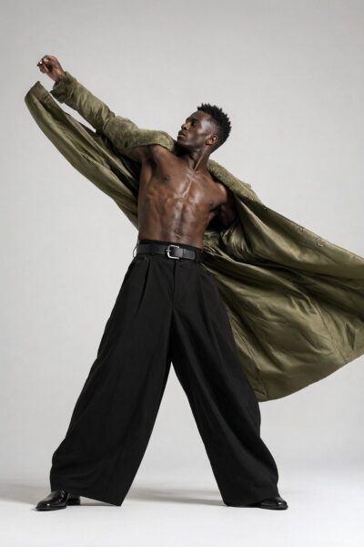 Dynamic Green Coat Pose A muscular black man in wide-leg black pants and an olive-green coat with fur-lined collar strikes a dramatic pose against a white background.