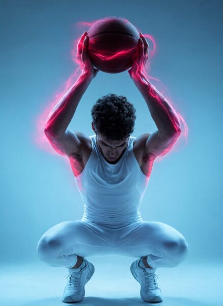 Athlete In Motion Under Neon Glow Athlete in white athletic wear holds a glowing basketball above his head against a vibrant blue and pink neon-lit backdrop.