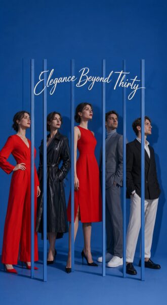 Five Figures Behind Blue Bars Five elegantly dressed figures stand behind blue vertical bars against a deep blue backdrop, wearing red, black, and gray outfits.