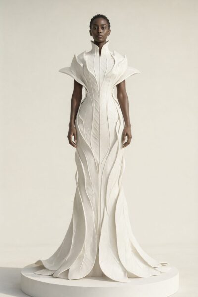 Sculptural White Petal Gown A model wears an elegant white gown with sculpted petal-like layers, standing on a pedestal against a pale cream backdrop.