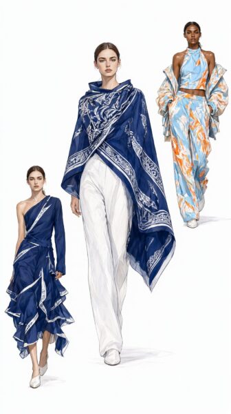 Three Models In Indigo And Sky Blue Three fashion models showcase indigo and sky-blue outfits against a clean white backdrop, including draped capes, ruffled dresses, and patterned wide-leg pants.