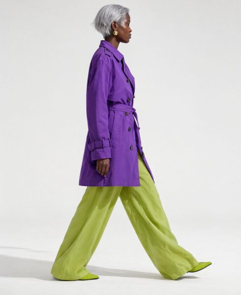 Model Walking In Purple Coat A woman walks in profile wearing a purple trench coat over lime green wide-leg pants and matching shoes.