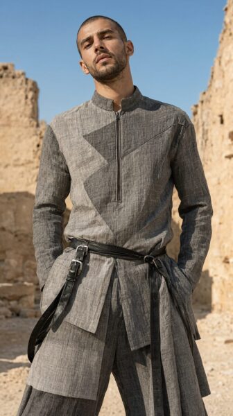 Modern Desert Warrior Aesthetic A male model wears a modern desert warrior outfit with grey linen patchwork top and black leather belt against ancient ruins under bright sunlight.