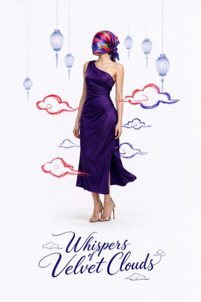 Ethereal Purple Draped Silhouette A woman in an elegant one-shoulder purple gown stands against a white backdrop with floating red and blue clouds and hanging lanterns.