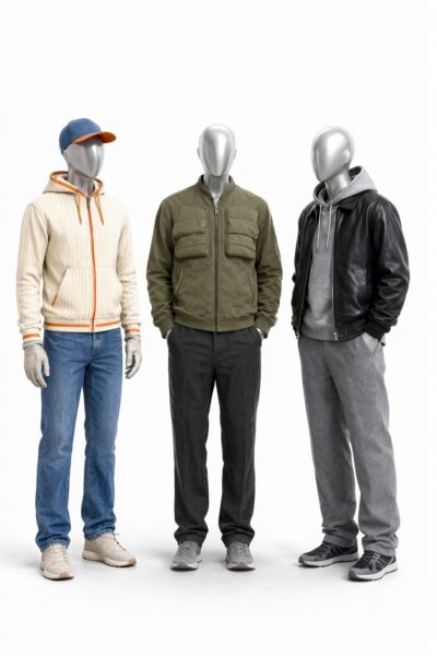 Three Mannequins In Streetwear Outfits Three silver mannequins display modern streetwear: striped hoodie, olive jacket, and leather bomber with grey hoodie, all against a clean white background.