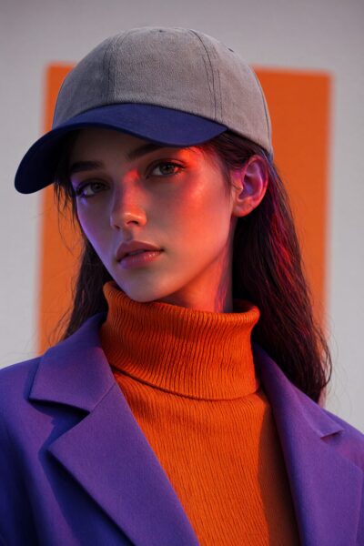 Neon Glow Urban Portrait A woman wearing a two-tone baseball cap, an orange turtleneck sweater, and a purple coat under neon red and purple lighting.