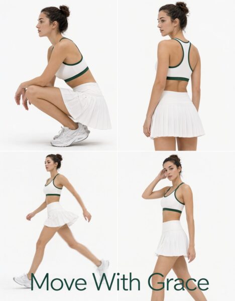 A woman wearing a white sports bra with dark green trim and a matching pleated skirt, posing gracefully in four dynamic poses against a plain white background.