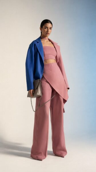 Model wears bold asymmetrical pink and blue suit with wide-leg pants, holding a taupe handbag with chain strap.